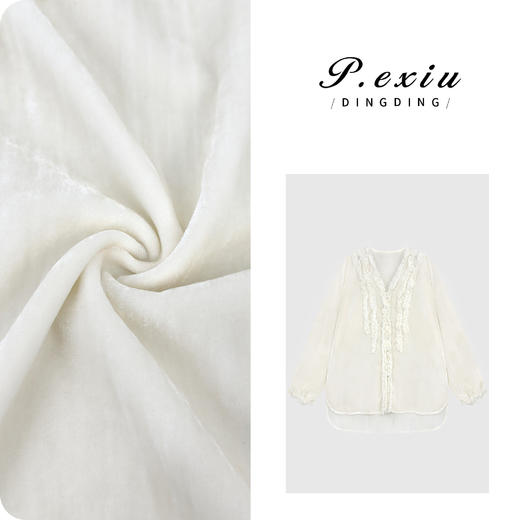 100%人丝丝绒精致感蕾丝木耳边V领长袖衬衫W-63705 商品图0