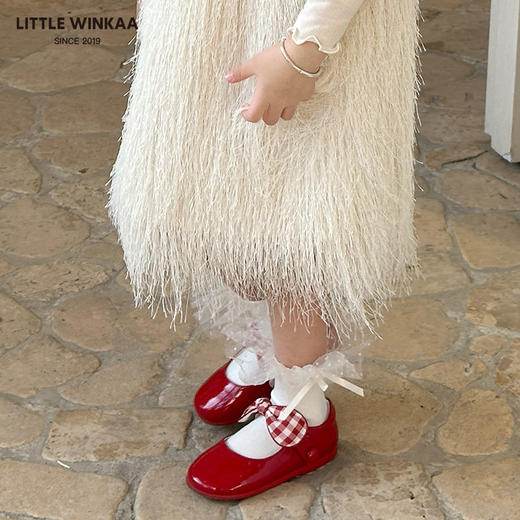 【云优选】Little winkaa格子布蝴蝶结舞蹈鞋女童新年红儿童皮鞋艾莎公主鞋 商品图4