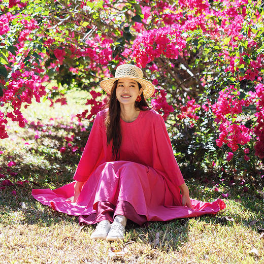 绽放096朵/影后*亚麻棉宽松压褶大摆休闲度假圆领七分袖连衣裙夏 商品图1