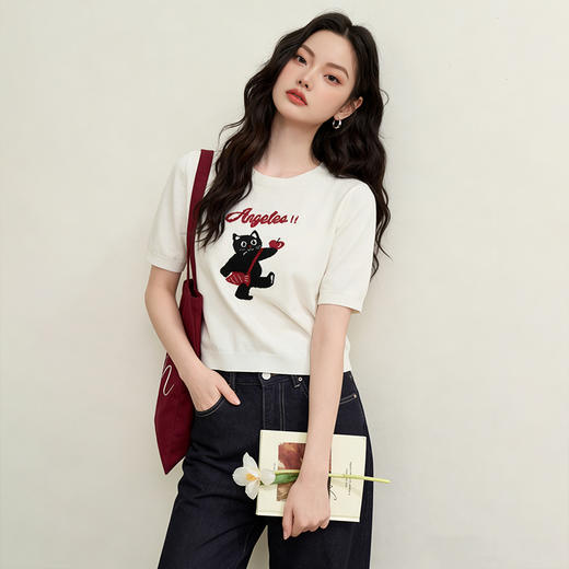 西遇可爱甜酷风2026新款春季卡通猫咪短袖毛衣圆领针织衫上衣T恤H0060218 商品图2