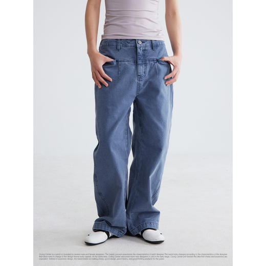 CryingCenter休闲复古法工蓝洗水做旧工装裤修饰腿形小弯刀长裤 商品图3
