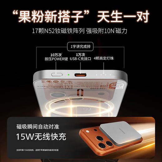 飞利浦【3C认证】超薄无线磁吸充电宝10000毫安大容量移动电源适用于苹果8-17可上飞机 DLP9510 商品图2