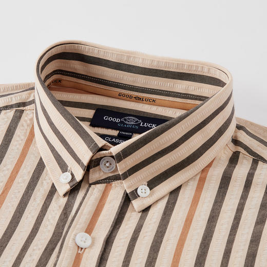 【纯棉】德鲨卡其色短袖衬衫男2026夏季新款条纹撞色上衣打底衬衣 商品图3