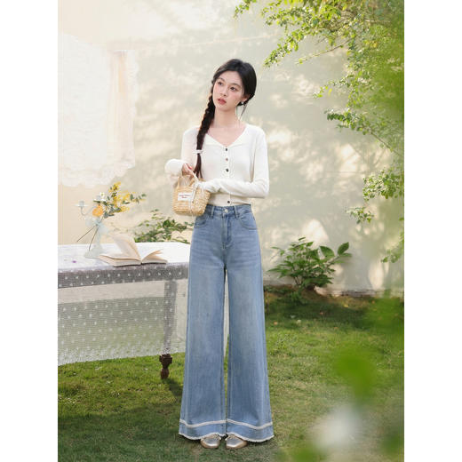 鹿向南「烟蓝漫夏」蓝色宽松慵懒感牛仔裤女春季新款遮肉阔腿长裤 商品图3