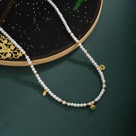 子佩集【翠纳福祥】银S925珍珠AOYA奥雅项链【QNX0017】3mm珠纳福碧玉镀金2512 商品图0