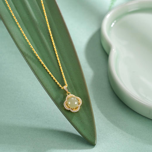 子佩集【四叶明媚】S925银套链【DZ07062】镀金四叶草和田玉项链2510 商品图1