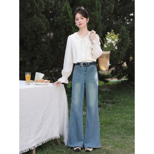鹿向南「海浪轻吟」蓝色复古微喇阔腿牛仔裤女春显瘦宽松直筒长裤 商品图3