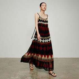 【林栖设计小店】地色几何|暗红色复古印花飘逸显瘦吊带A字连衣裙1962187B