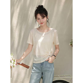 鹿向南「慵懒日常」杏色轻薄T恤罩衫女夏季新款法式气质镂空上衣