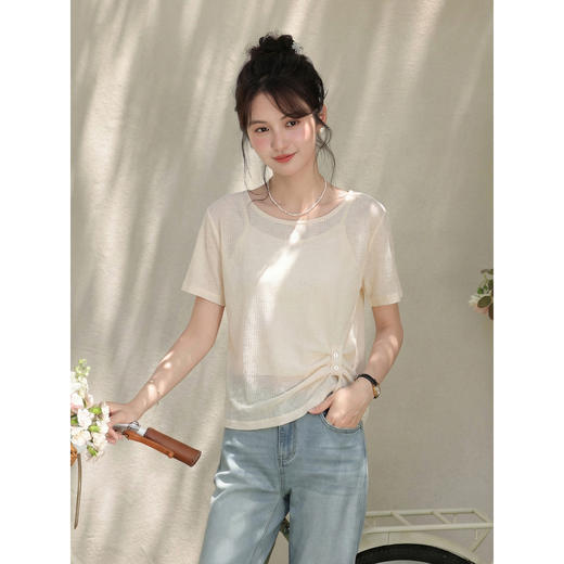 鹿向南「慵懒日常」杏色轻薄T恤罩衫女夏季新款法式气质镂空上衣 商品图0