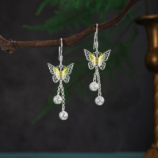子佩集【翩翩蝶舞】S990银耳环【MXEH018】绿蝴蝶花丝珐琅彩2510 商品图0