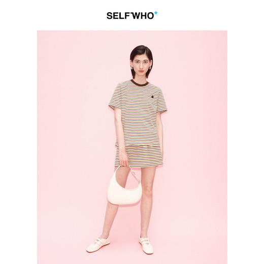 SELFWHO棉混纺经典撞色条纹A字短裙女2026夏新款休闲松紧腰半身裙 商品图3