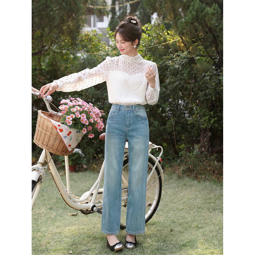 鹿向南「海盐苏打」复古高腰蓝色直筒牛仔裤女春季小个子显瘦长裤 商品图2