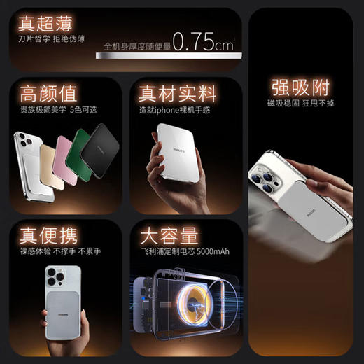 飞利浦（PHILIPS）磁吸充电宝可携带上飞机 3C认证 充电宝超薄5000毫安超轻薄充电宝超级快充无线快充迷你小巧便携 DLP9505 【0.75cm超薄磁吸】 商品图2