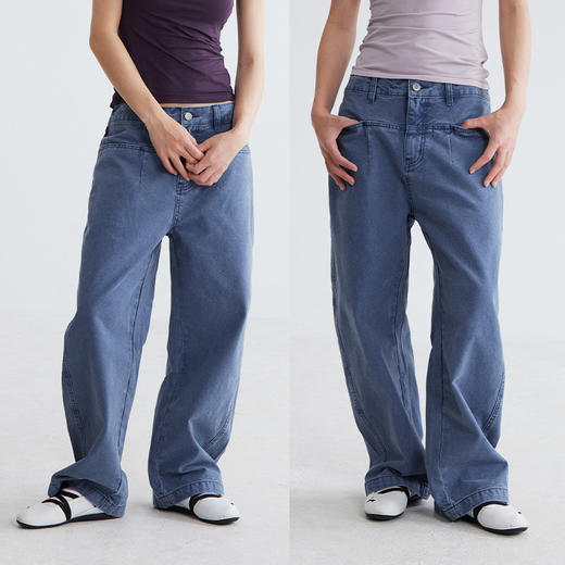 CryingCenter休闲复古法工蓝洗水做旧工装裤修饰腿形小弯刀长裤 商品图0