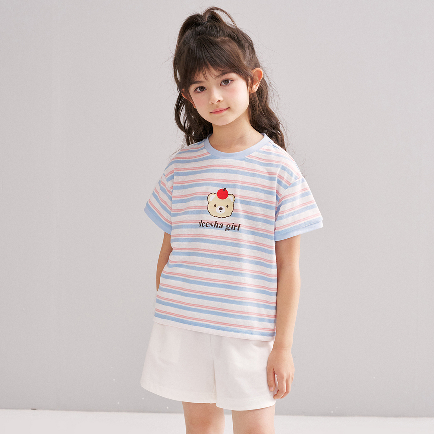 笛莎/Deesha 松饼熊2026年夏季新款童装女童条纹撞色T恤