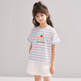 笛莎/Deesha 松饼熊2026年夏季新款童装女童条纹撞色T恤