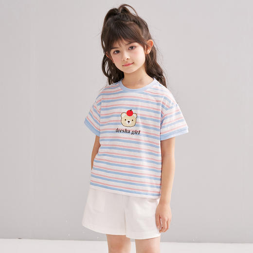 笛莎/Deesha 松饼熊2026年夏季新款童装女童条纹撞色T恤 商品图0