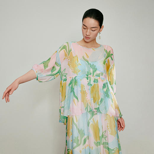 【林栖设计小店】手工系带|温柔印花宽松显瘦2026夏新款密褶衬衣两件套1962186 商品图1