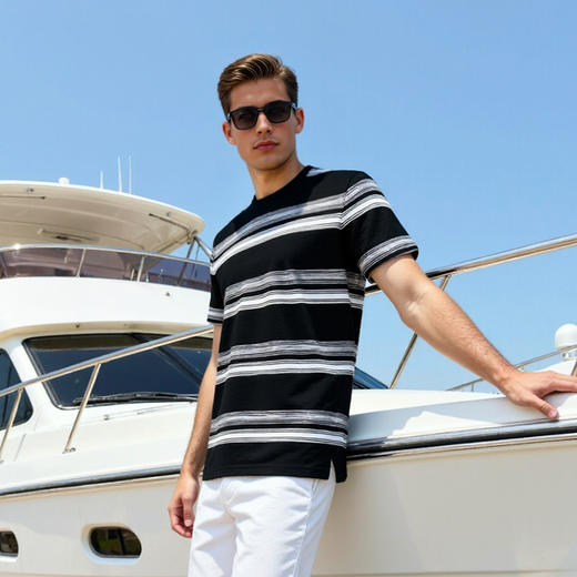 撞色条纹短袖T恤男士宽松休闲半袖T恤男上衣   XLM-CM8687169 商品图3