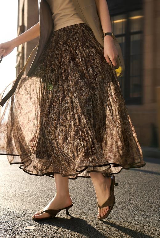 巴塞光影"流浪"伞裙度假风复古印花压褶大摆半身裙 商品图1