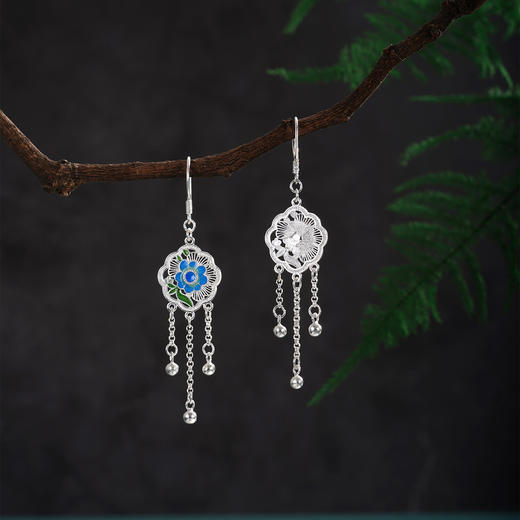 子佩集【花开锦瑟】S990银耳环【MXEH017】蓝花团扇花丝珐琅彩2510 商品图2