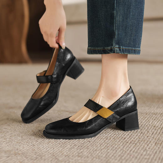 阿么手工女鞋复古粗跟一字带浅口单鞋春季新款真皮玛丽珍鞋女5CM 商品图1