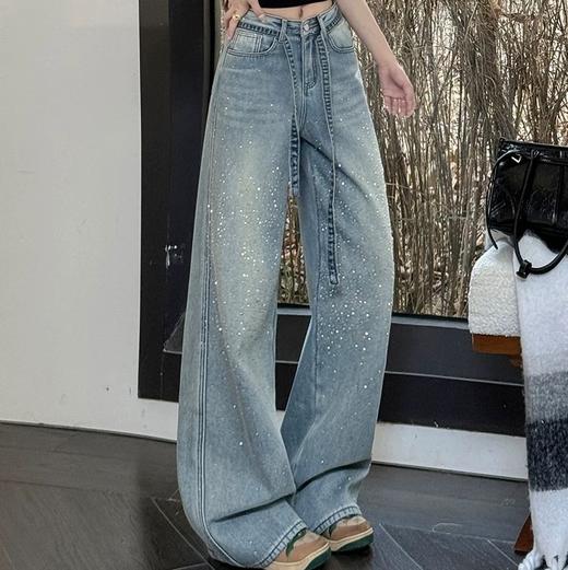 ✨bulingbuling老闪了【重工满天星烫钻高腰阔腿牛仔裤配腰绳】高腰阔腿牛仔裤   0329返团 商品图3