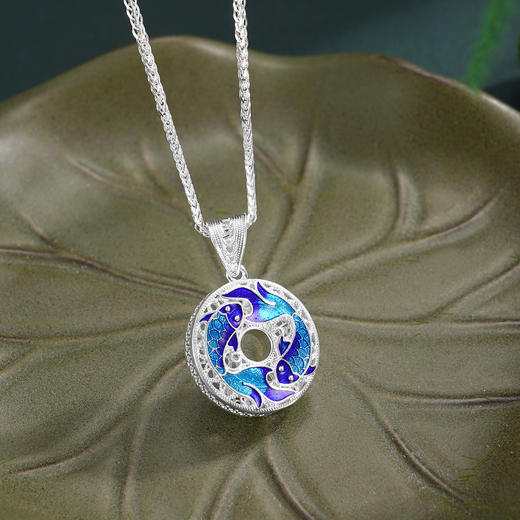 子佩集【好运连鲤】S990银套链【YXYLDZ056】花丝珐琅彩双鱼平安扣福字项链2510 商品图4