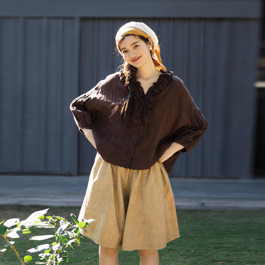 特绽放162朵/庄园衬衫*21支精梳亚麻复古手工木耳边领泡泡袖衬衫 商品图1