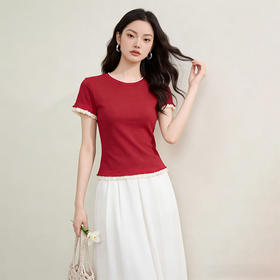 西遇轻奢小众2026春夏新款木耳边拼接修身显瘦女气质上衣短袖T恤H0060196