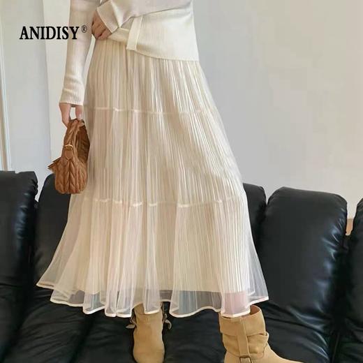 时尚网纱压褶高腰松紧腰飘逸垂感半身裙 商品图1