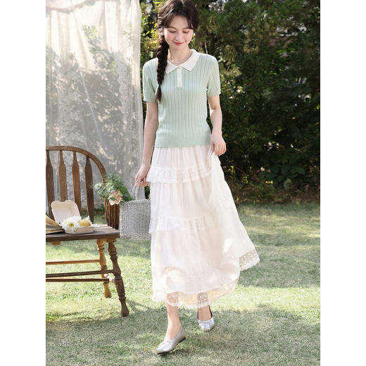 鹿向南「薄荷星缕」森系polo领T恤女夏季绿色修身短袖针织衫上衣 商品图3