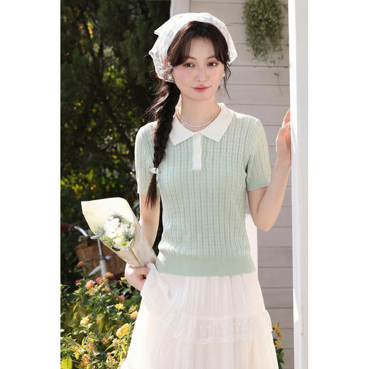 鹿向南「薄荷星缕」森系polo领T恤女夏季绿色修身短袖针织衫上衣 商品图2