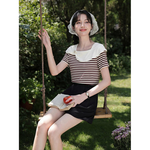 鹿向南「夏日晚风」法式甜美风条纹短袖T恤女夏新款别致小众上衣 商品图3