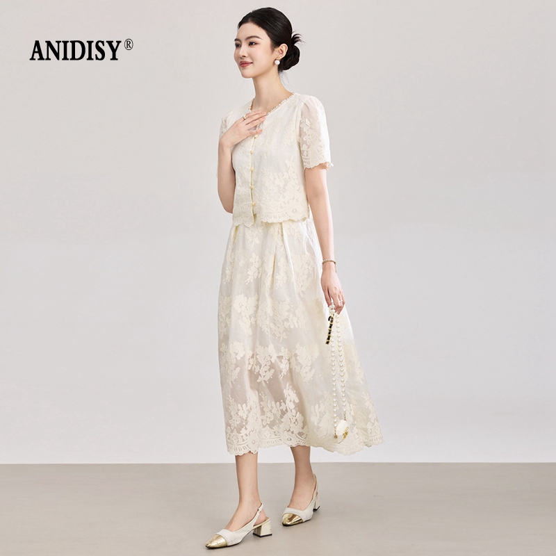 圆领短袖单排扣上衣+高腰拉链半身裙套装