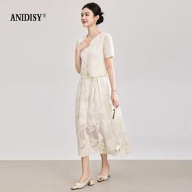 圆领短袖单排扣上衣+高腰拉链半身裙套装