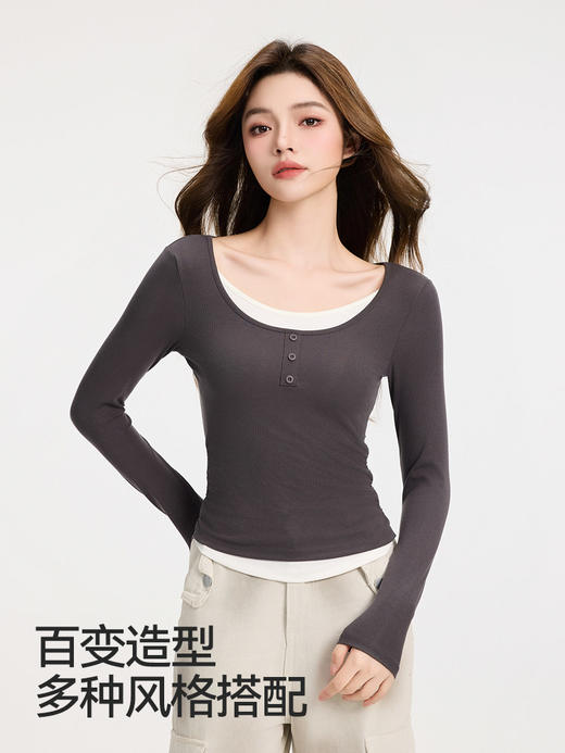 内茵2026新款假两件长袖女士带胸垫百搭打底衫修身显瘦撞色内搭 商品图4