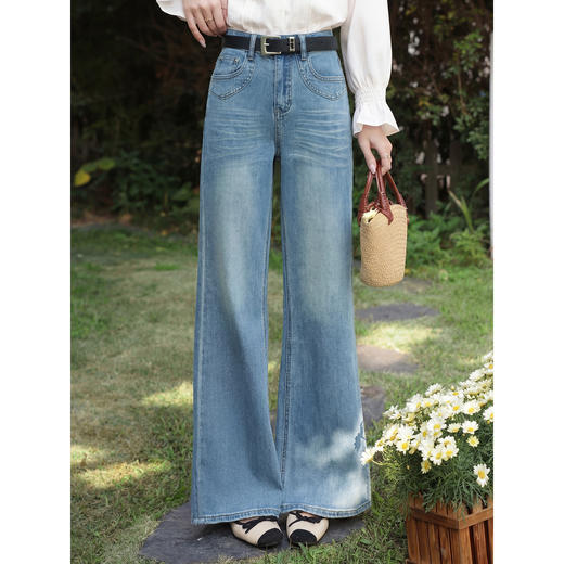 鹿向南「海浪轻吟」蓝色复古微喇阔腿牛仔裤女春显瘦宽松直筒长裤 商品图0