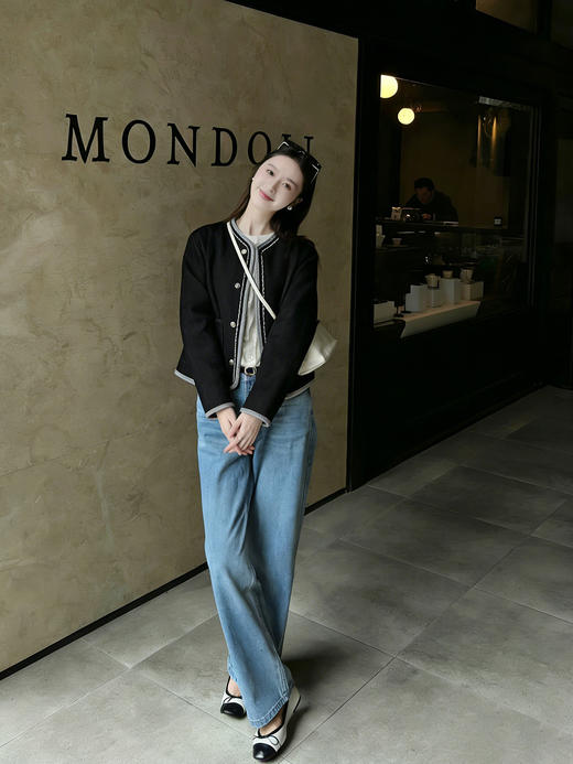 天猫同步【100棉！千金感小香风】拉夏贝尔/La Chapelle挺括有型~复古圆领撞色边饰气质短款上衣外套女春季 商品图6