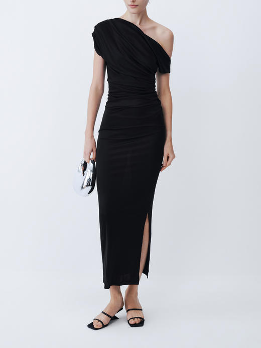 SIJIA｜SS2653 黑色醋酸斜肩短袖连衣裙 商品图6