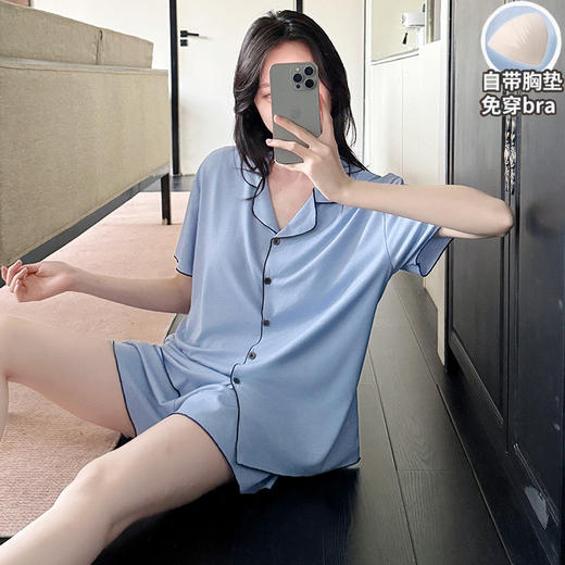 【韩系简约莫代尔睡衣】夏季薄款 带胸垫开衫木耳边短袖短裤 休闲两件套套装 商品图1