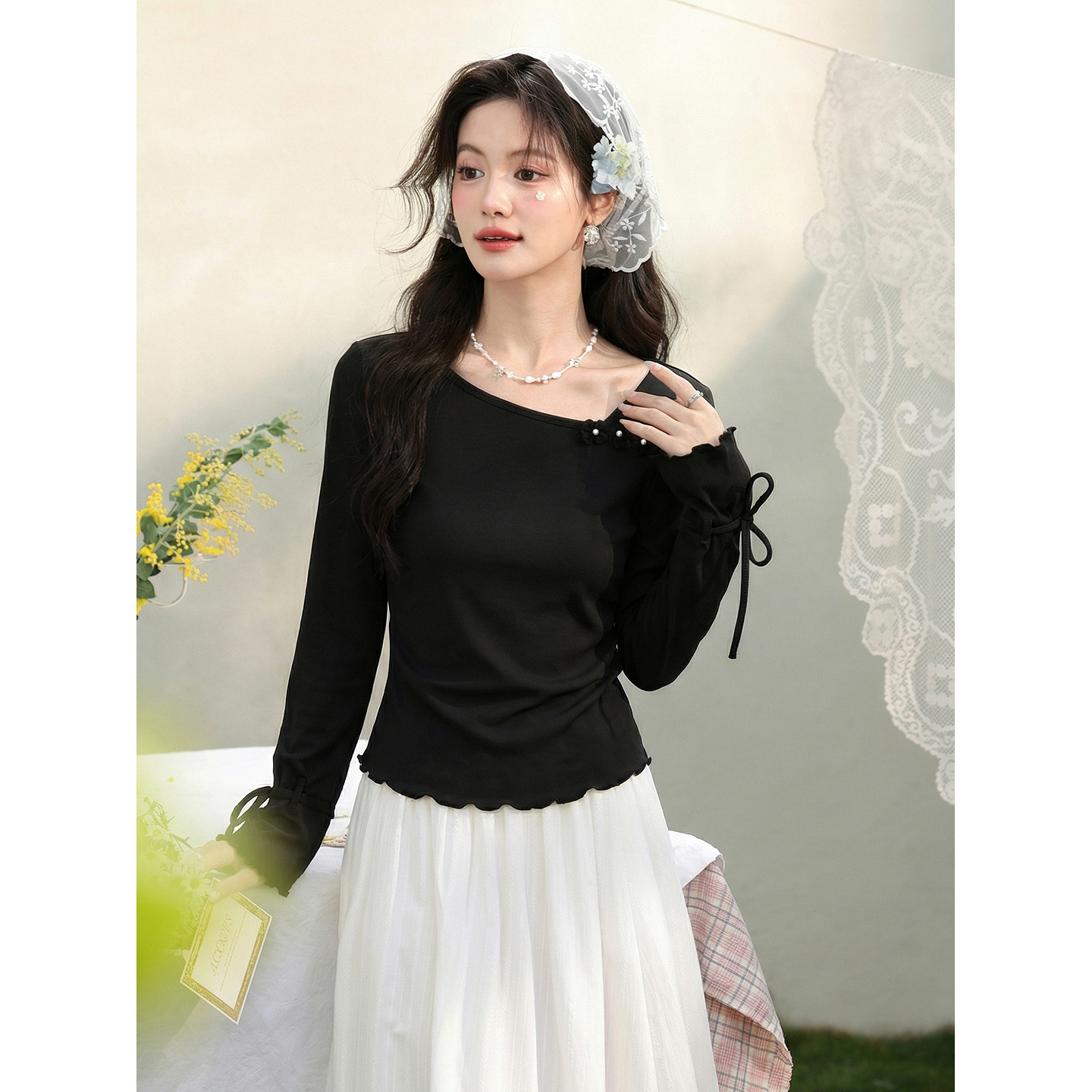 鹿向南「雾漫香榭」设计感显瘦黑色T恤女春季巨好看百搭长袖上衣