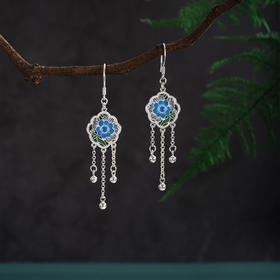 子佩集【花开锦瑟】S990银耳环【MXEH017】蓝花团扇花丝珐琅彩2510