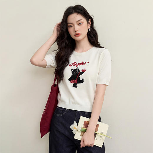 西遇可爱甜酷风2026新款春季卡通猫咪短袖毛衣圆领针织衫上衣T恤H0060218 商品图0