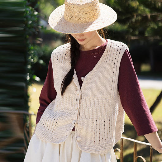 绽放134朵/田野马甲*多种针法拼接肌理纯棉百搭v领针织开襟马夹女 商品图0