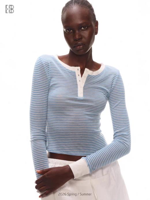 Evistub girls/E-6XCX1933/ 亨利领条纹长袖 天丝羊毛混纺修身正肩打底衫 商品图0