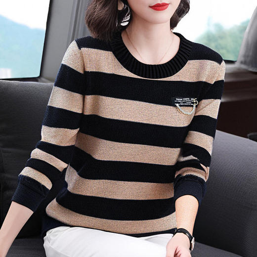 大码条纹打底衫女秋冬新款休闲套头针织上衣中年妈妈圆领女士毛衣 商品图0