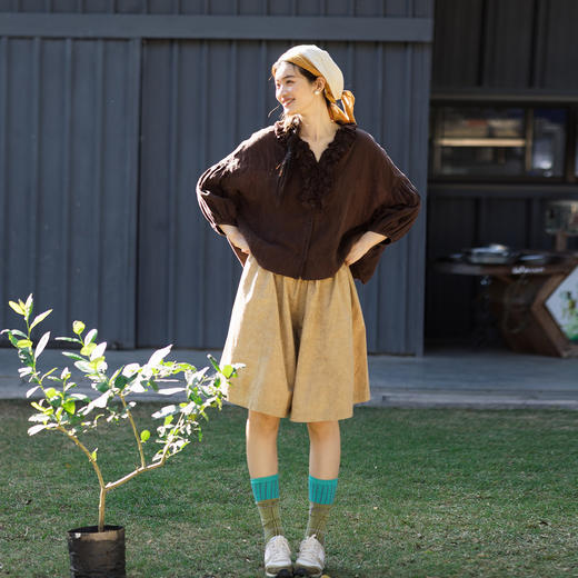 特绽放100朵/随意走走* 斜纹纯棉肌理感宽松帅气松紧腰系带短裤女 商品图2