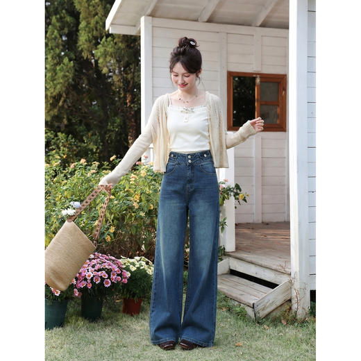 鹿向南「蓝屿微序」垂坠感阔腿裤女夏季新款百搭显瘦蓝色牛仔长裤 商品图3